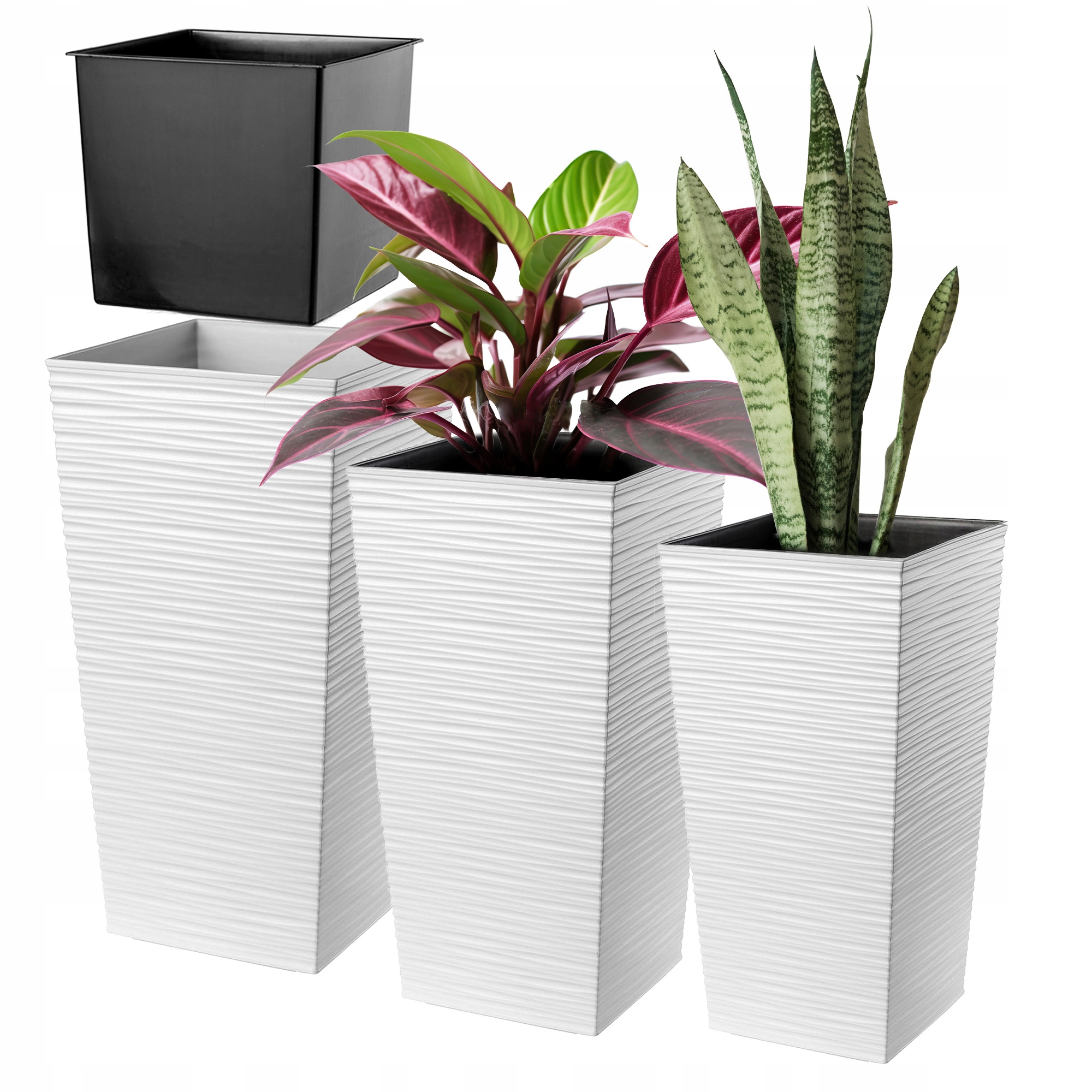Sada 3ks Kvetináč Záhradný Vysoká Vložka Veľká Biela 47+57+68 cm
