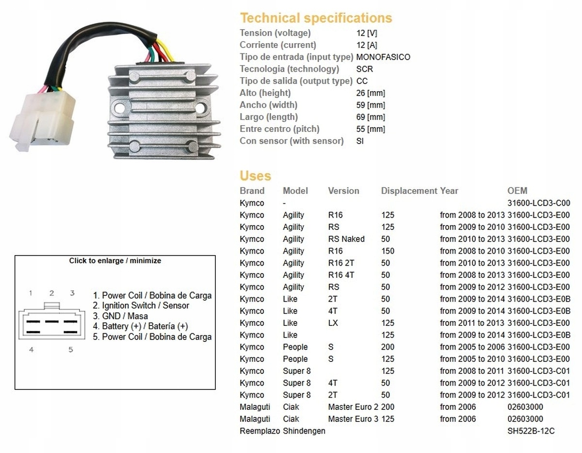 Regulátor Napätia Kymco Agility 50/125/150 '08-'13 People 125/200 '05