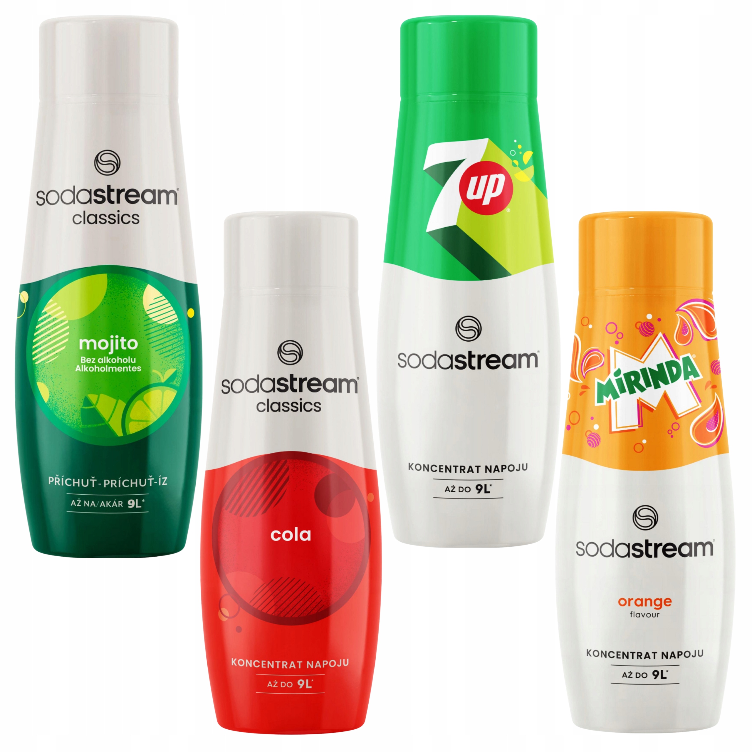 Sada 4 sirupů Sodastream Cola Mirinda Mojito 7UP Koncentrát na vodu