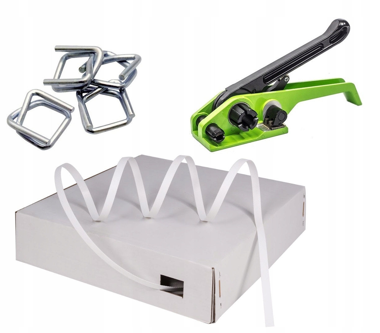 12mm TAŚMA PP biała W KARTONIE ZAPINKI BANDOWNICA DO PALET ZESTAW