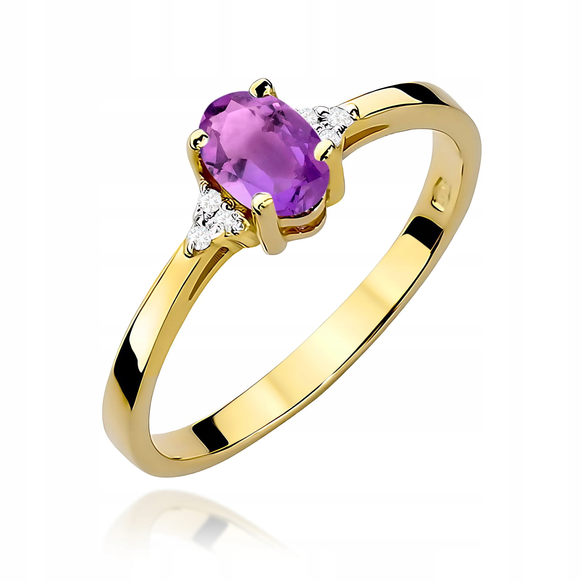 Zlatý prstýnek 585 s ametystem a diamanty 0.40 ct, oválný pro zásnuby