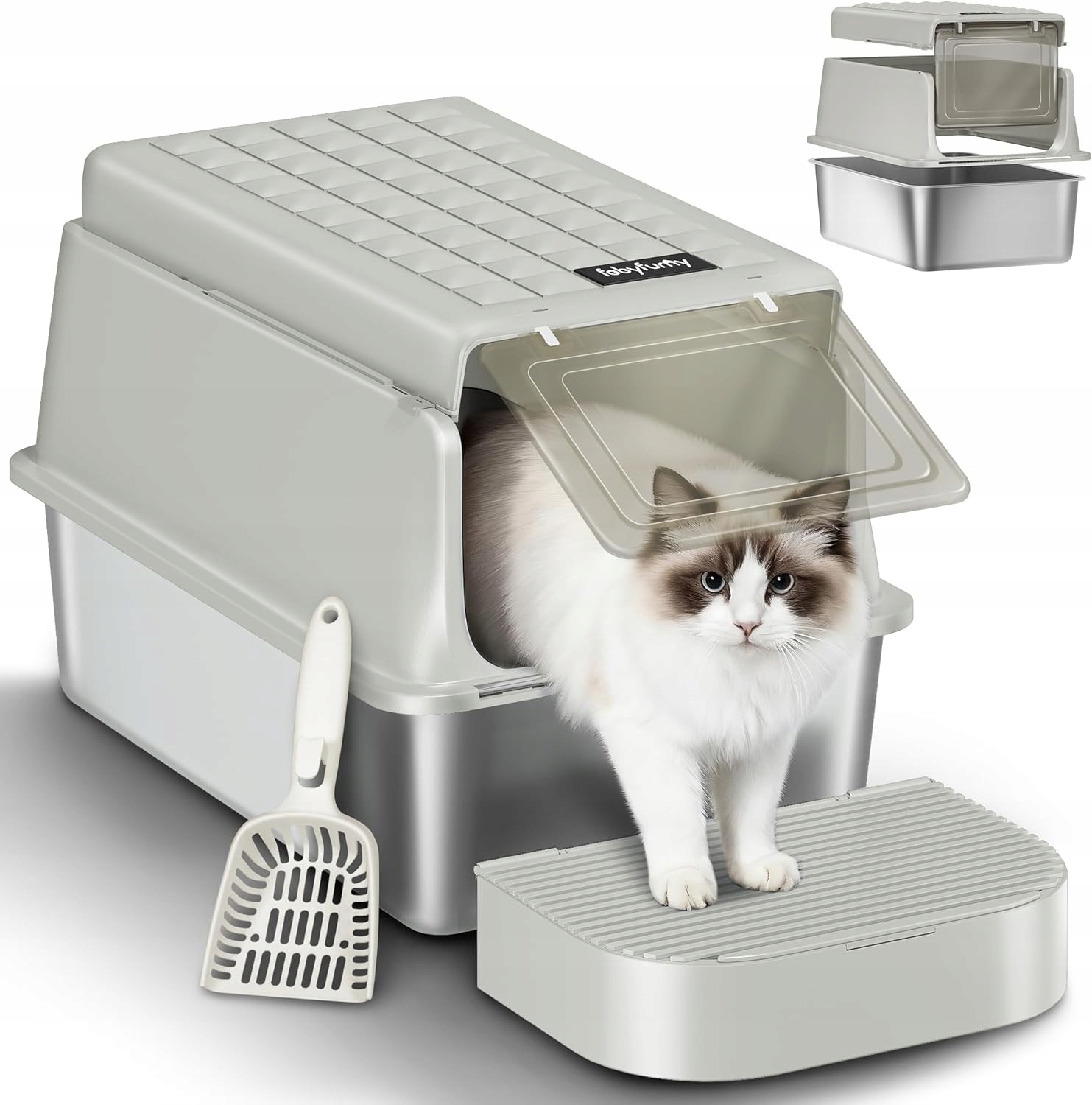 Levně Toaleta Pro Kočky Uzavřená 3v1 s lopatou a skládací patkou, 120° víko