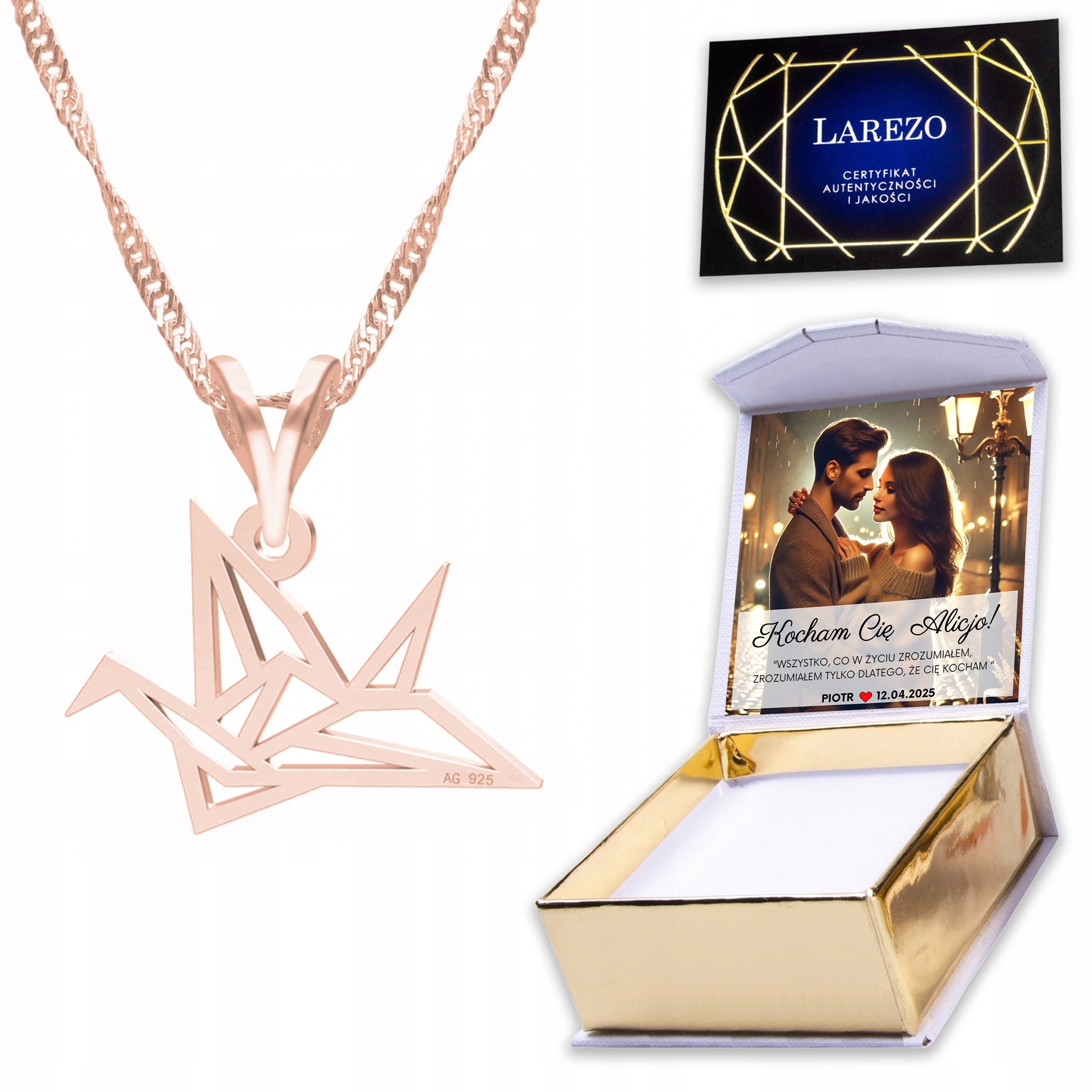 Pozlacený náhrdelník 925 s ptáčkem Origami Ptáček Bird Potisk