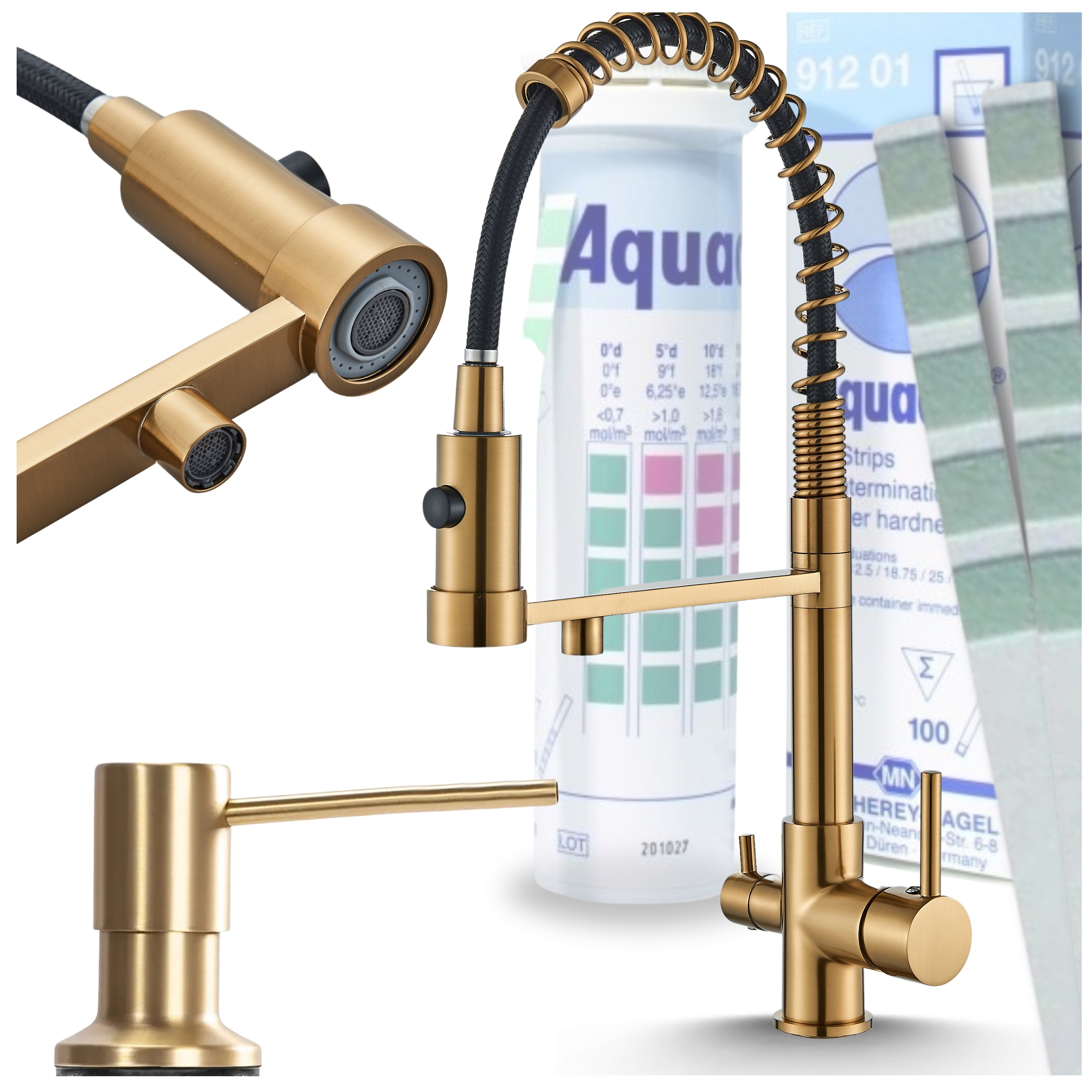 Kuchynská Batéria Trojcestná Pružný výtok Matný filter Zlato Komplet