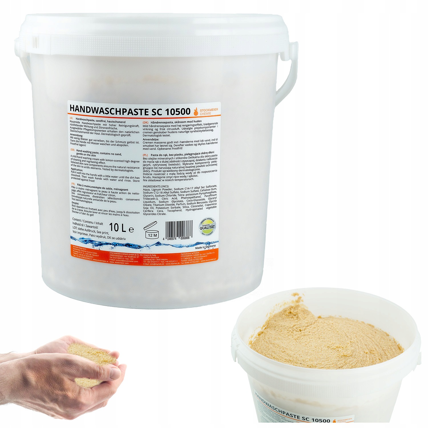 Pasta do rąk gruboziarnista 10kg, 10500, łagodna dla dłoni, cytrynowa