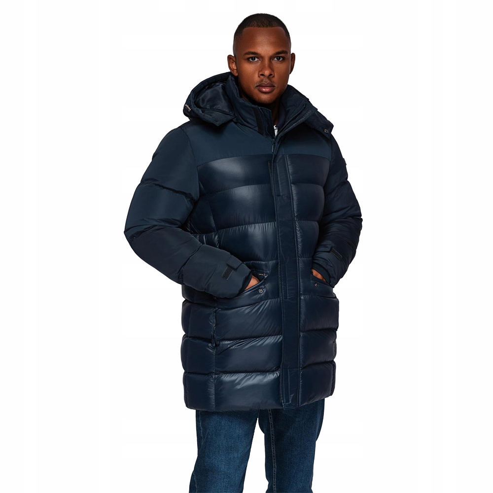 Prošívaná pánská bunda z kombinovaných materiálů, tmavě modrá V3 OM-JALJ-0266 L