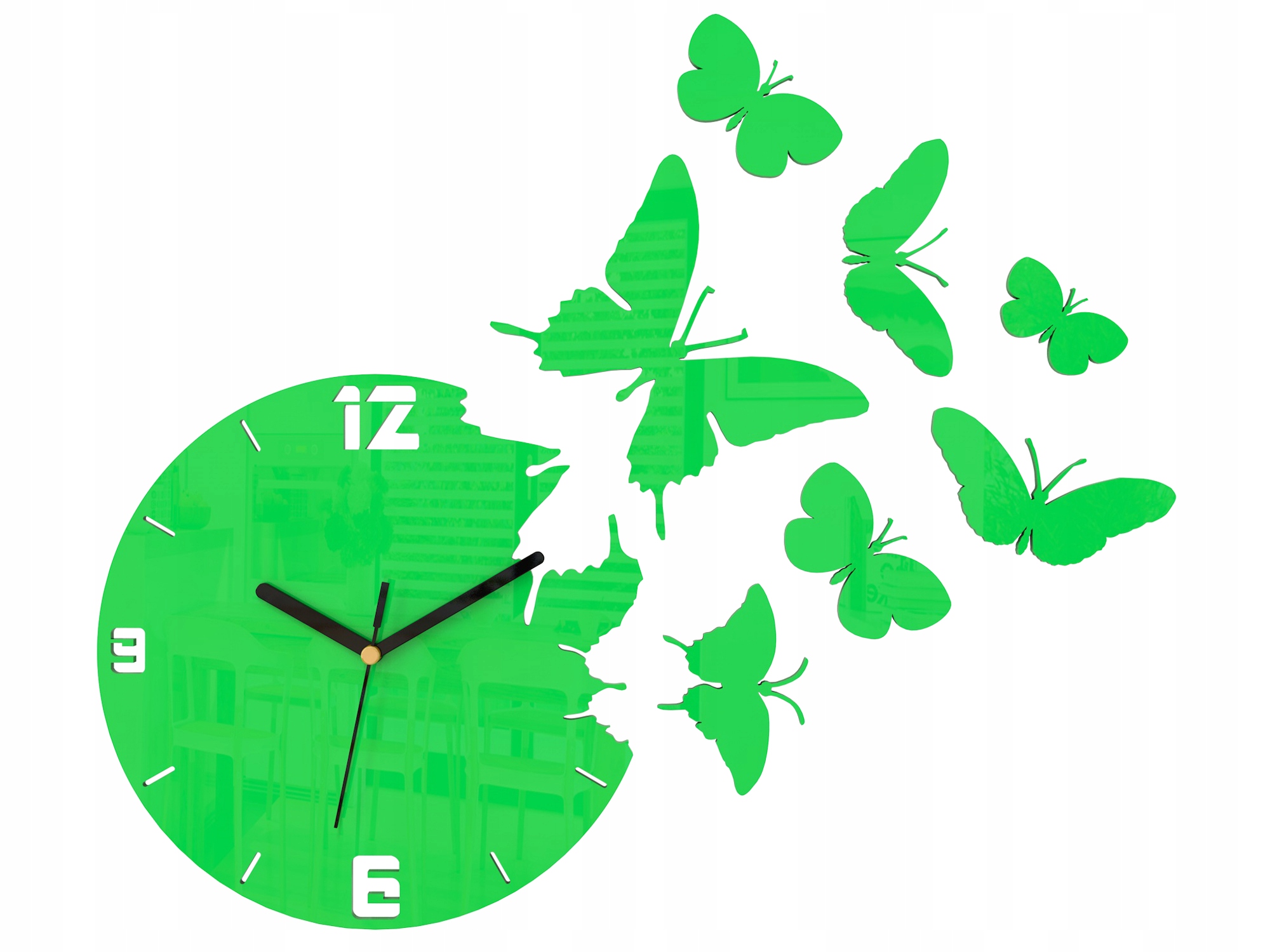 Moderní nástěnné hodiny do obývacího pokoje nebo ložnice Akrylová zelená s motýly