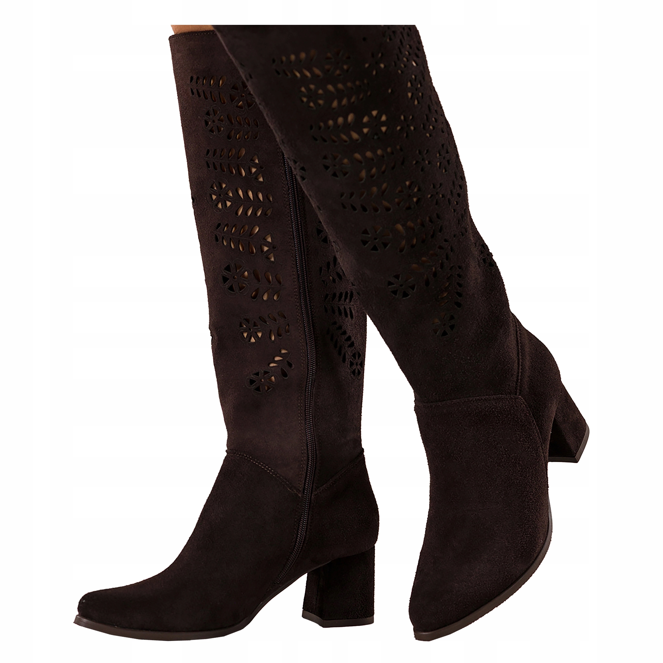 Kozačky Čokoládové Kožené Dámské Ažurové Pohodlné Nízký Podpatek Módní vel 41