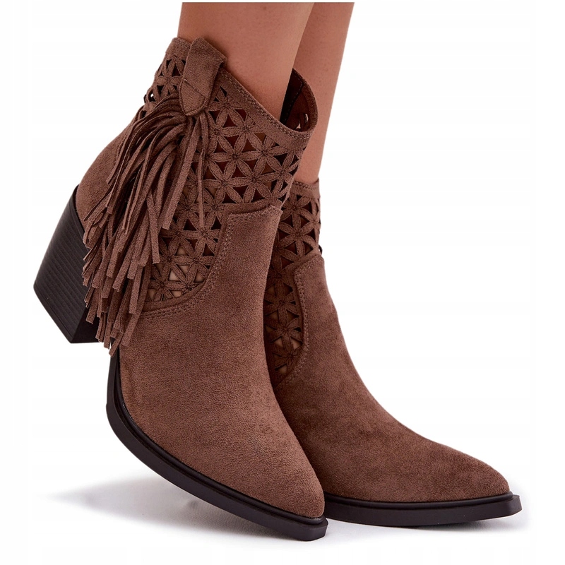 Kotníkové Boty Kovbojské Boty Ažurové S Razítky Podpatek Sloupek Na Zip Eko Semiš Bronz 38