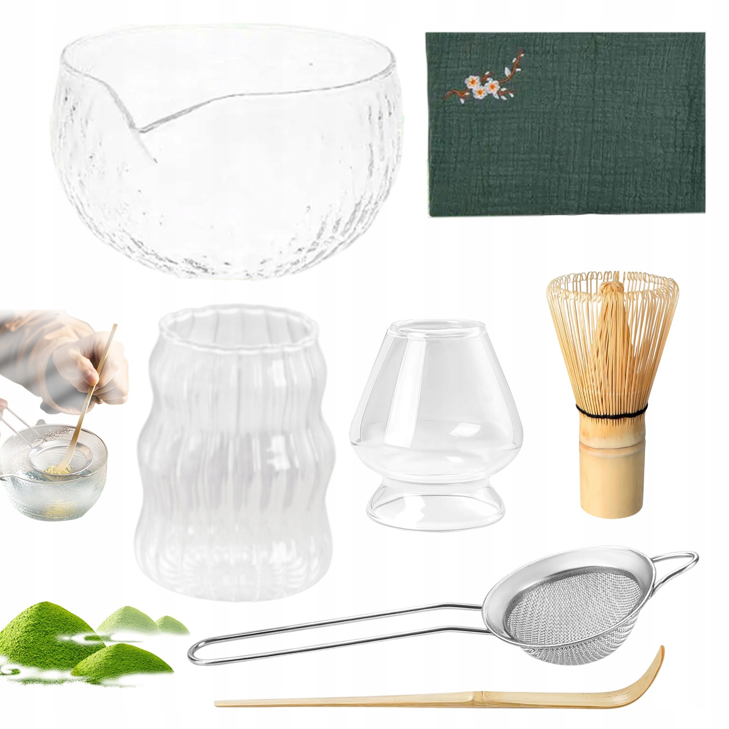 Levně Sada na čaj Matcha Šálek Metla Podstavec Lžička-Ideální Dárek