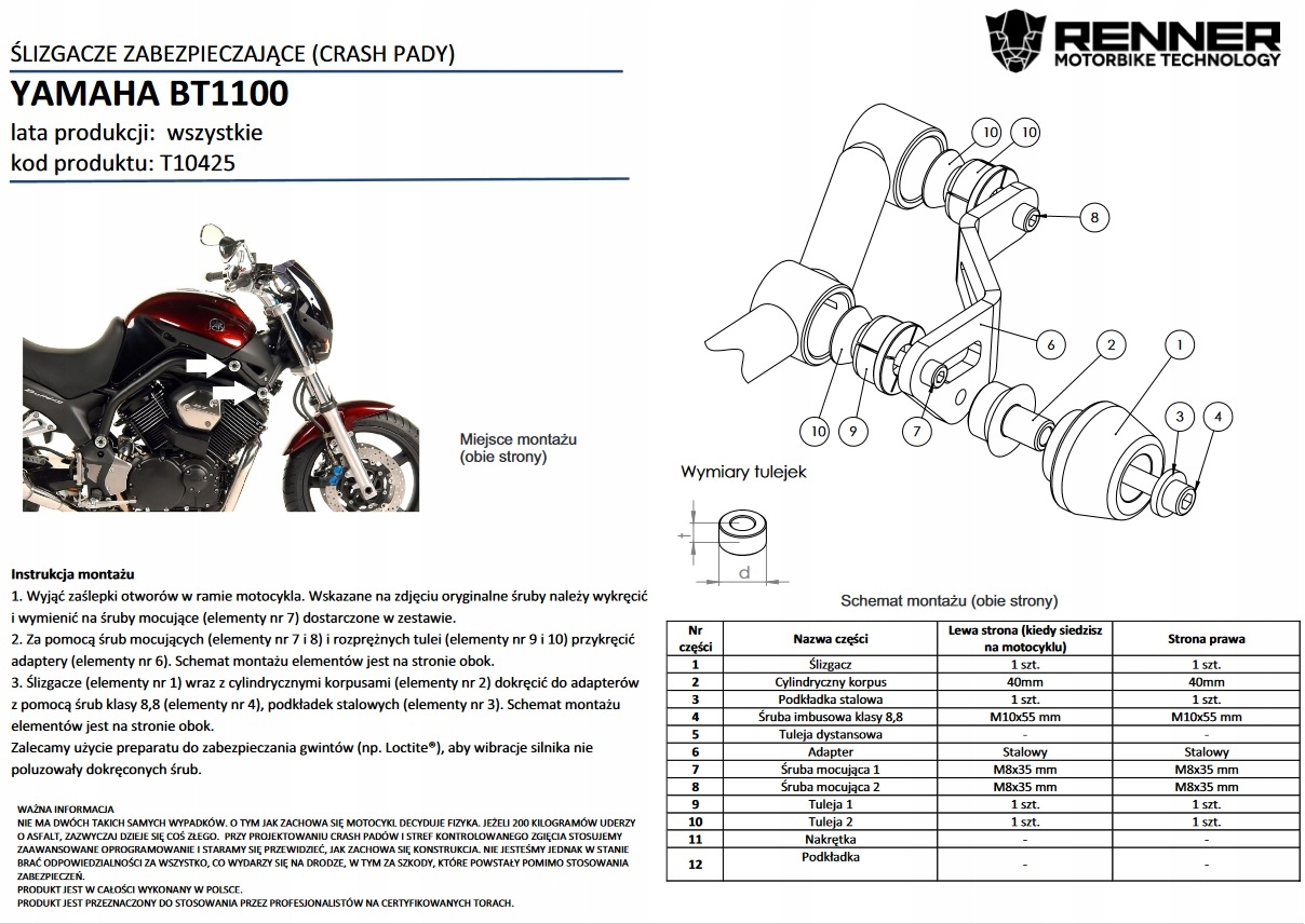 CRASH PADY RENNER YAMAHA BT1100 kod: 10425