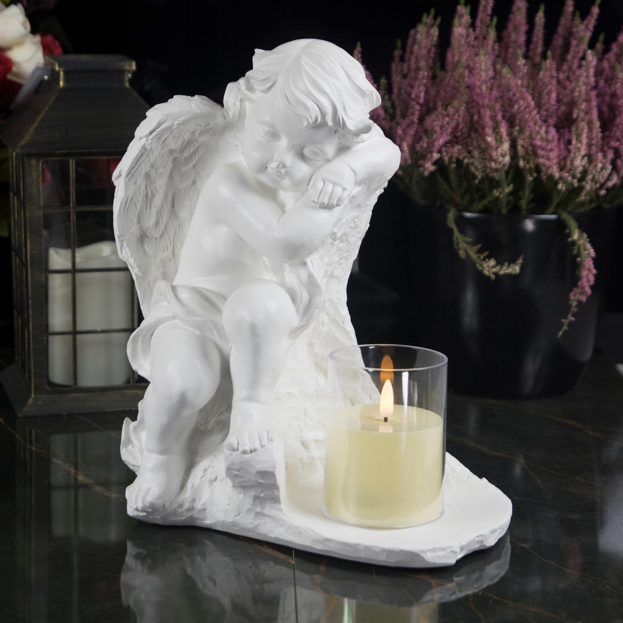 DUŻY ZNICZ + ŚWIECA GIPSOWA FIGURKA NAGROBNA LAMPA LED 3XAAA Typ led