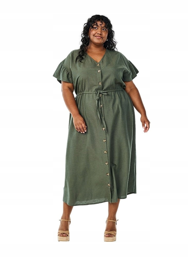 Plus Size Zizzi Úžasné Šaty Maxi Na Léto Olivové S Lnem 473G 52