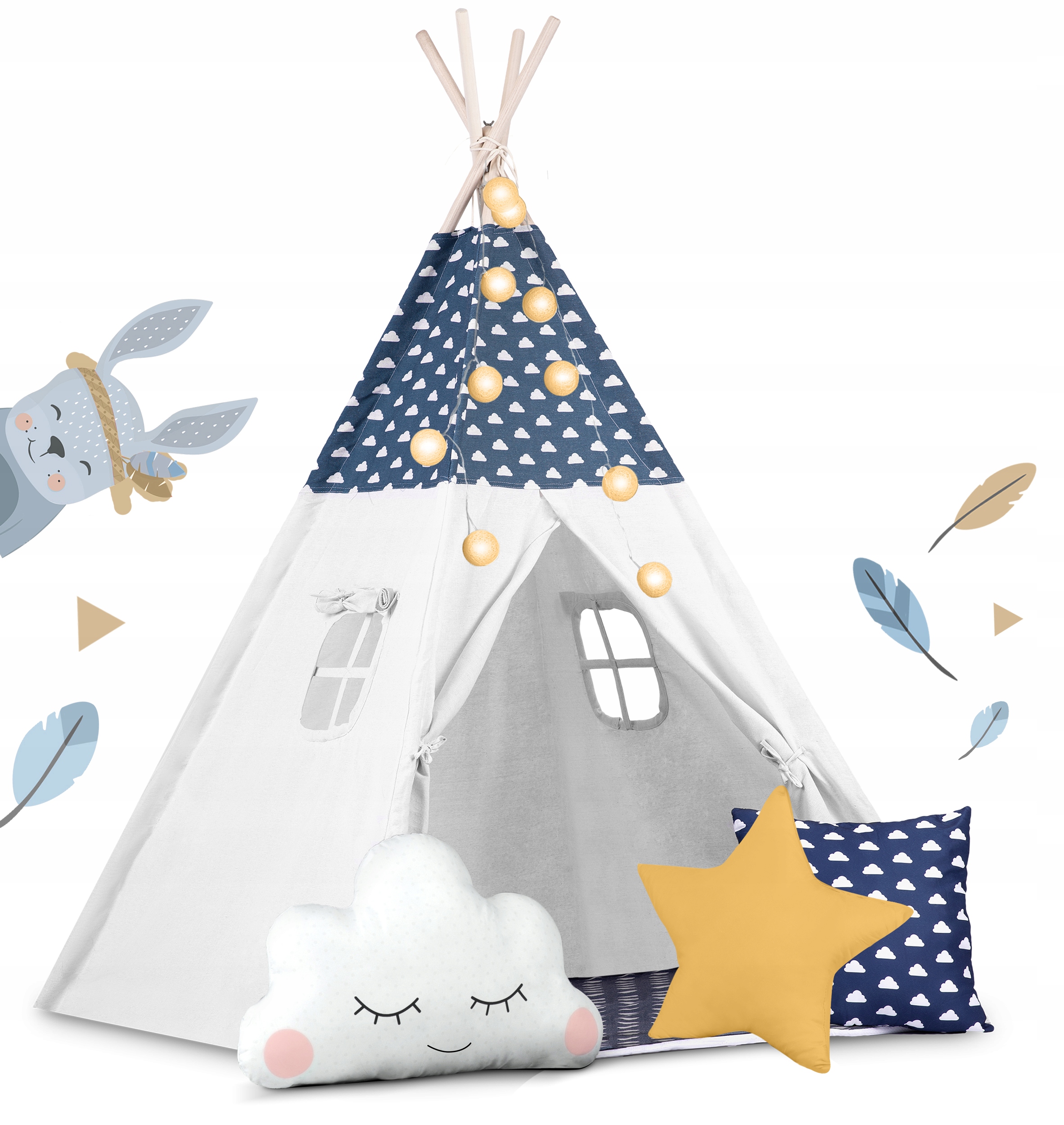 Tipi vigvamo palapinė vaikams. Girliandų pagalvės + šviestuvai. „Nukido“ prekės ženklas.