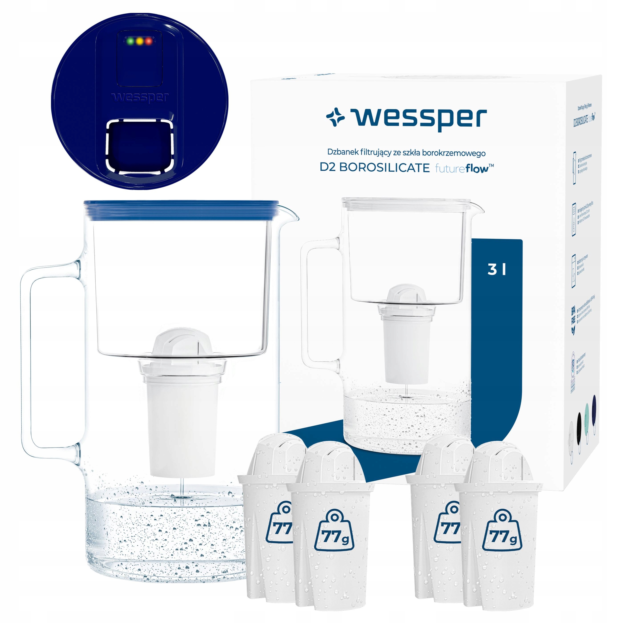 Skleněný Džbán Wessper D2 Borosilicate 3 l Led 5 x Vložka Do Vody Wessper
