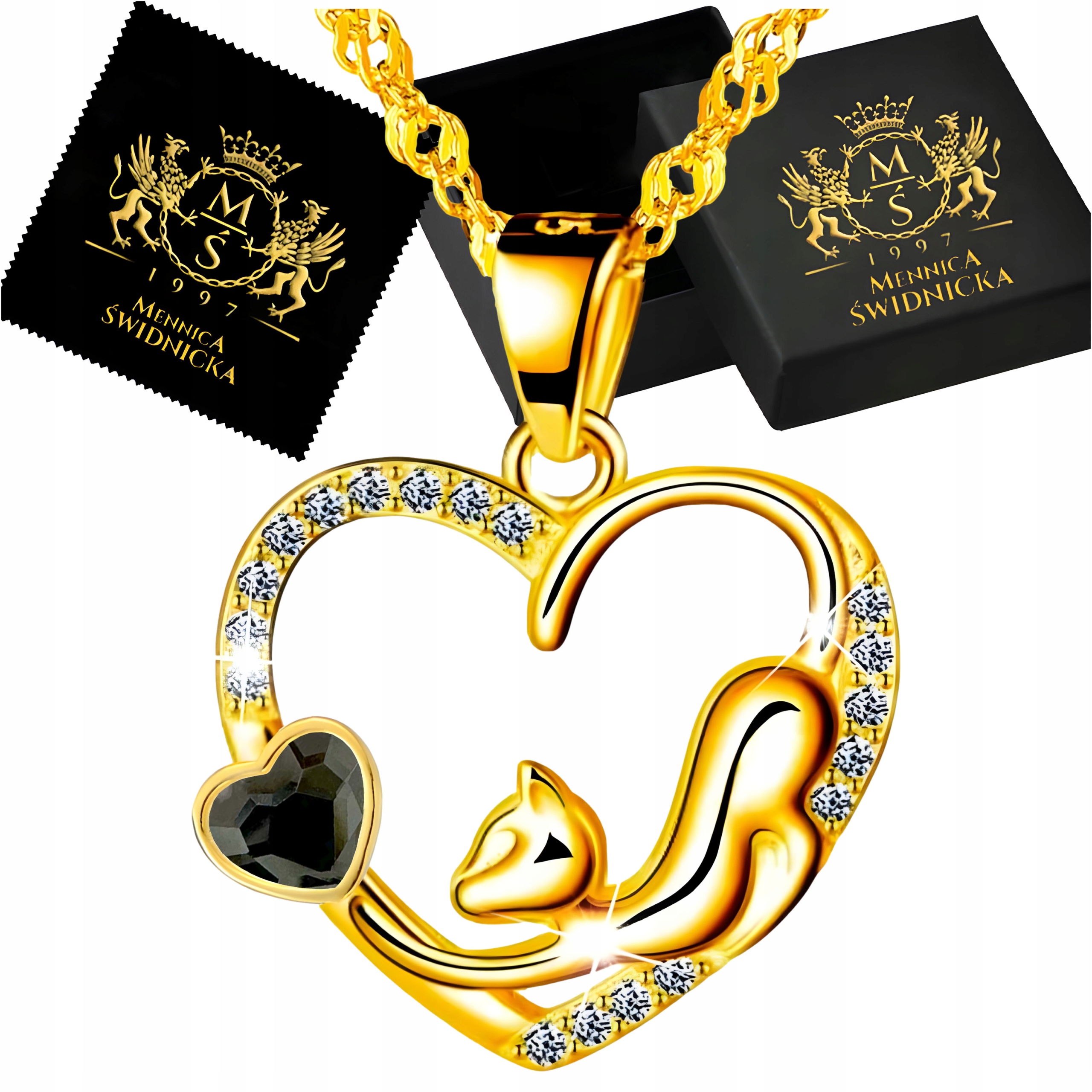 Náhrdelník Zlaté srdce s kočičkou Stříbro 925 Pozlacený Dárek k Valentýnu