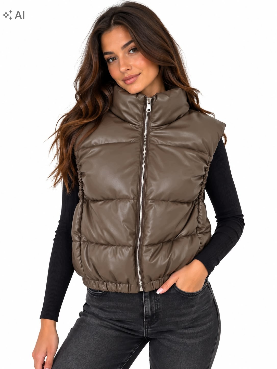 N856 Vesta z eko kůže, velikost plus size, velikost L, hnědá