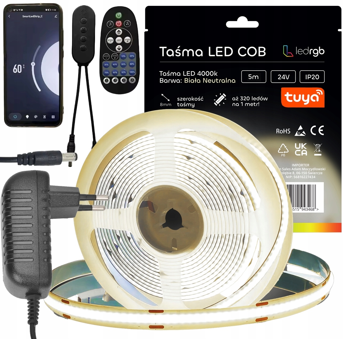 Zestaw Taśma Led Neon Cob 24V 5m 4000K Biała Neutralna Wifi Tuya Ściemniacz