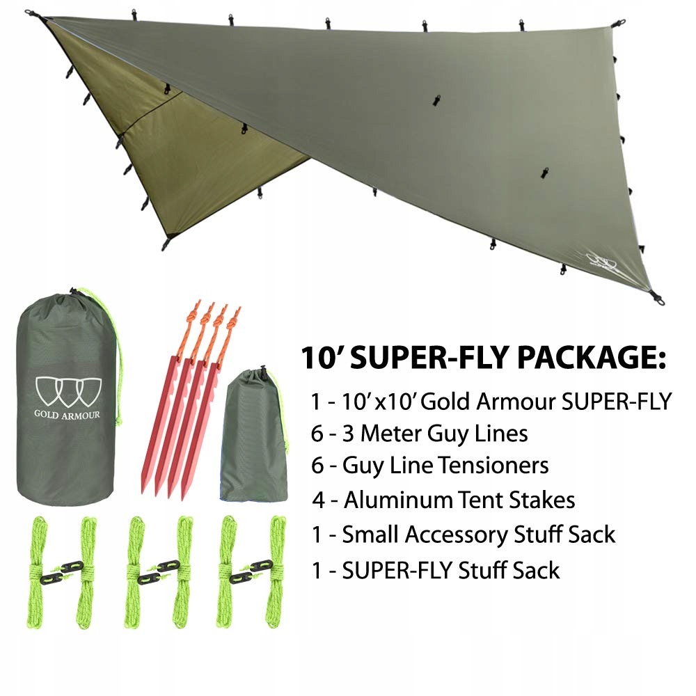 GOLD ARMOUR Tarp Wodoodporny Lekki Namiot Campingowy 10x10ft Zielony — miniatura 2