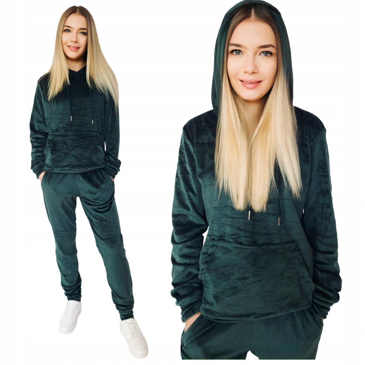 MODNY KOMPLET WELUROWY Z KAPTUREM: CIEMNOZIELONY L