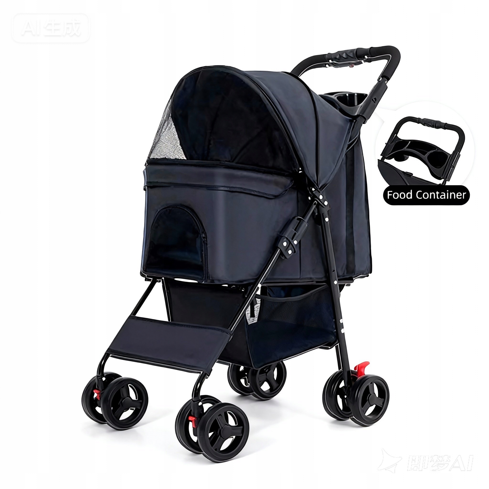 Skládací kočárek pro psy a kočky do 20 kg, 4 kola, černý