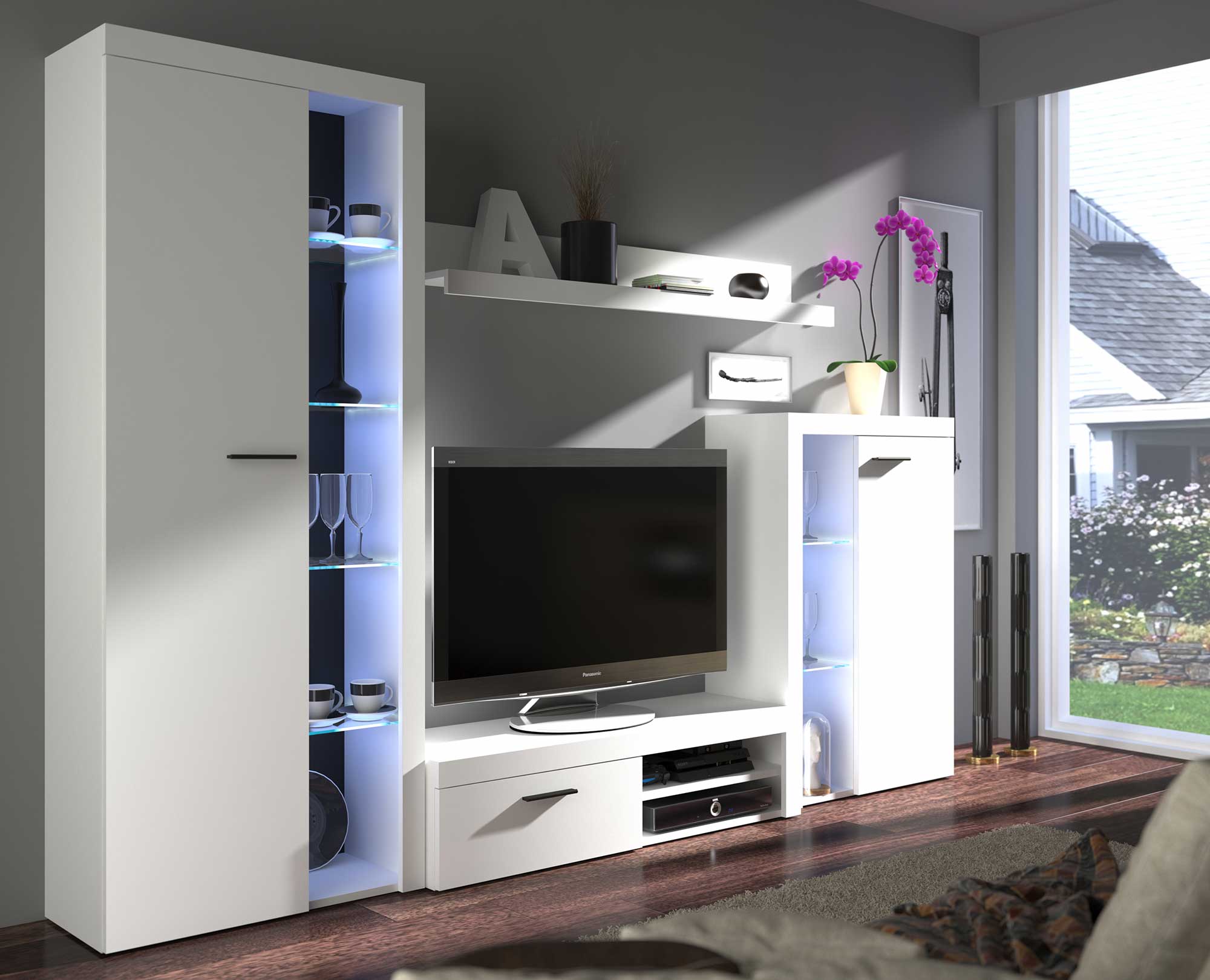 Sada Nábytková Stěna Bílá Skleněné Led Police Rumba