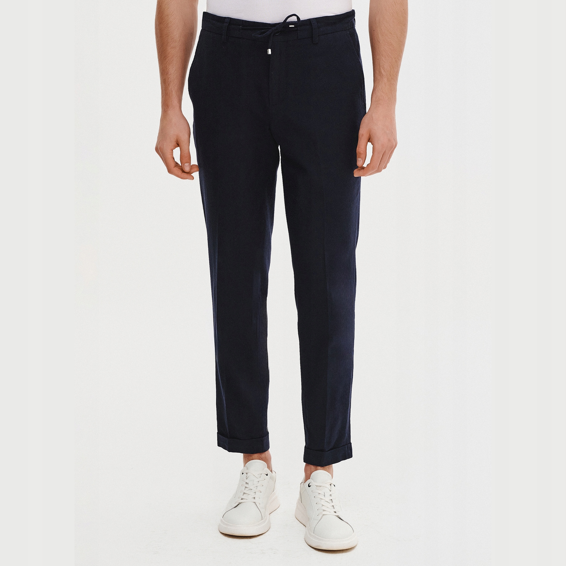 Tmavě modré pánské ležérní kalhoty z bavlny a lnu Pako Lorentet, velikost vel