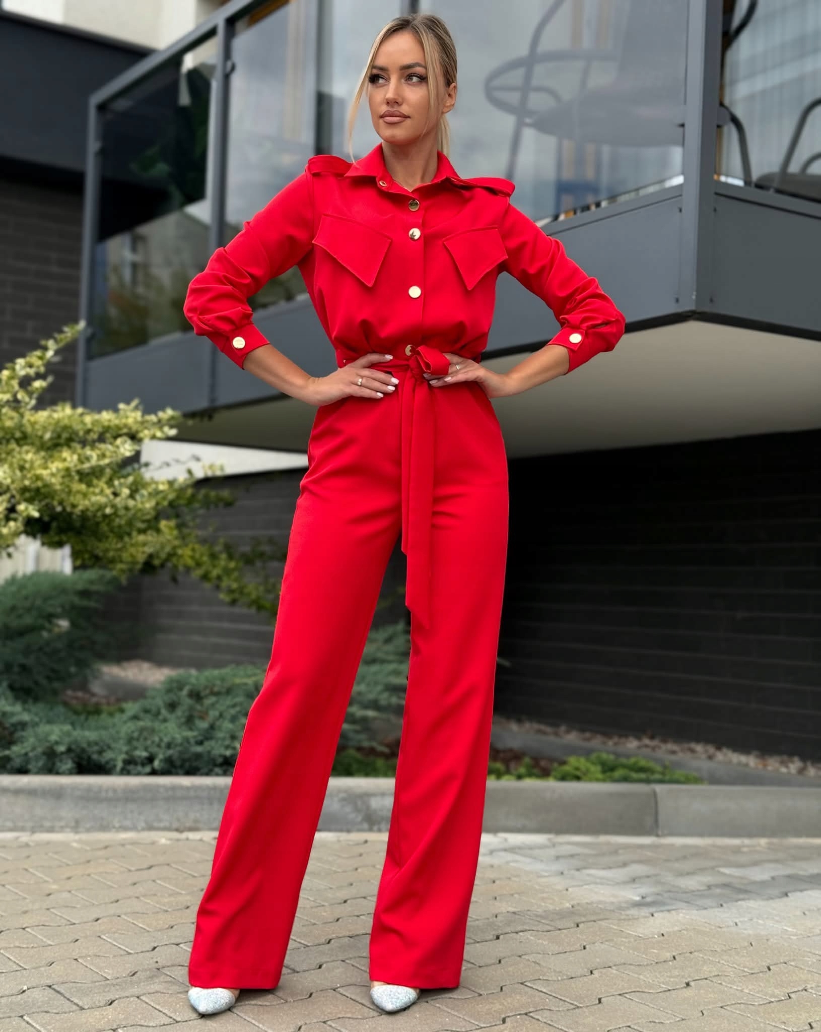 Elegantní dámský overal se zavazováním v pase Pásek Červený M