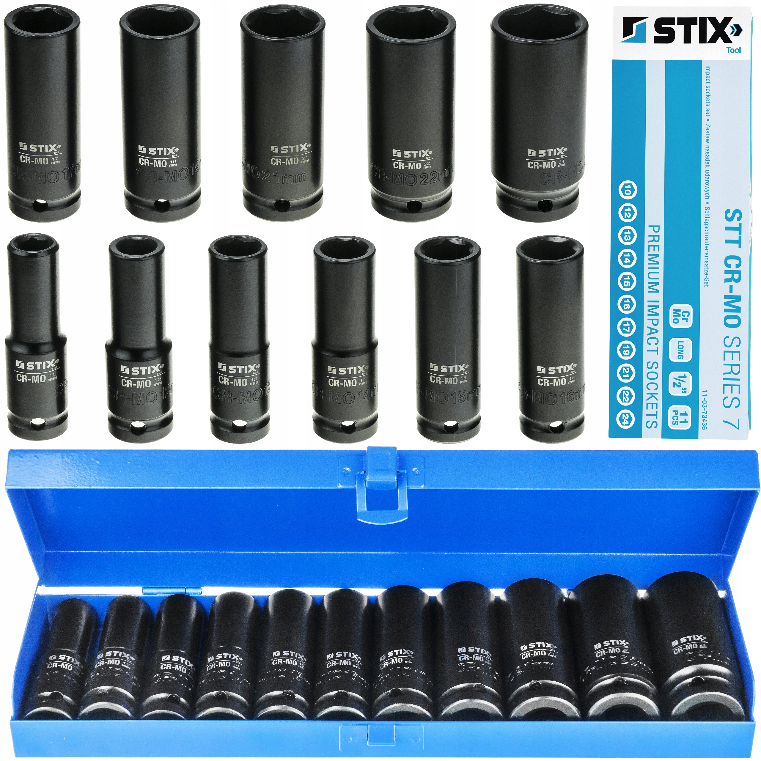 Nasadki Udarowe Klucze Nasadowe Długie 1/2 10-24MM Cr-mo Stix Walizka 11SZT