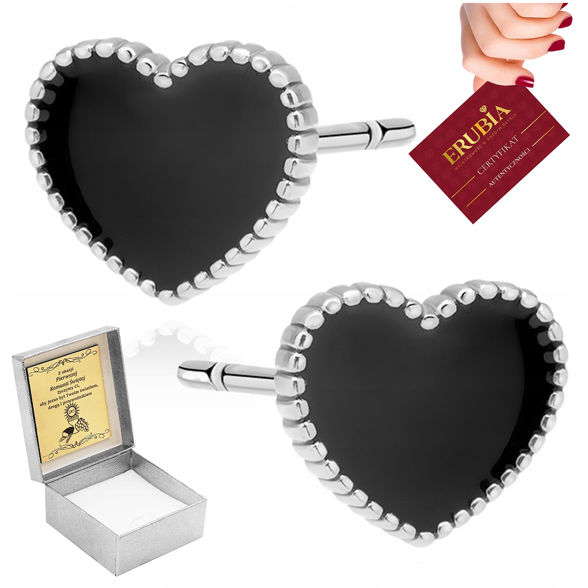 Stříbrné Náušnice Ryzost 925 Černé Smaltované Srdce Pro Dívku Gravírování