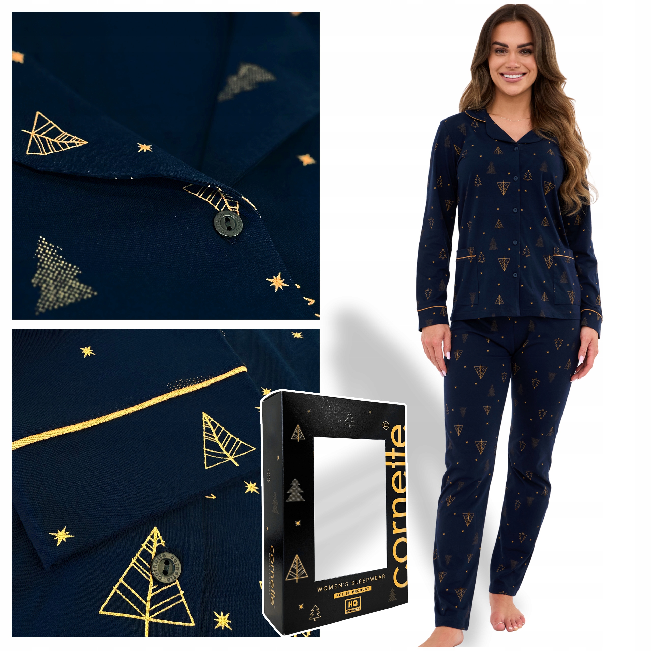Dámské pyžamo s dlouhým rukávem Cornette , tmavě modré, bavlněné, se zlatým vzorem Bavlna Velikost XXL