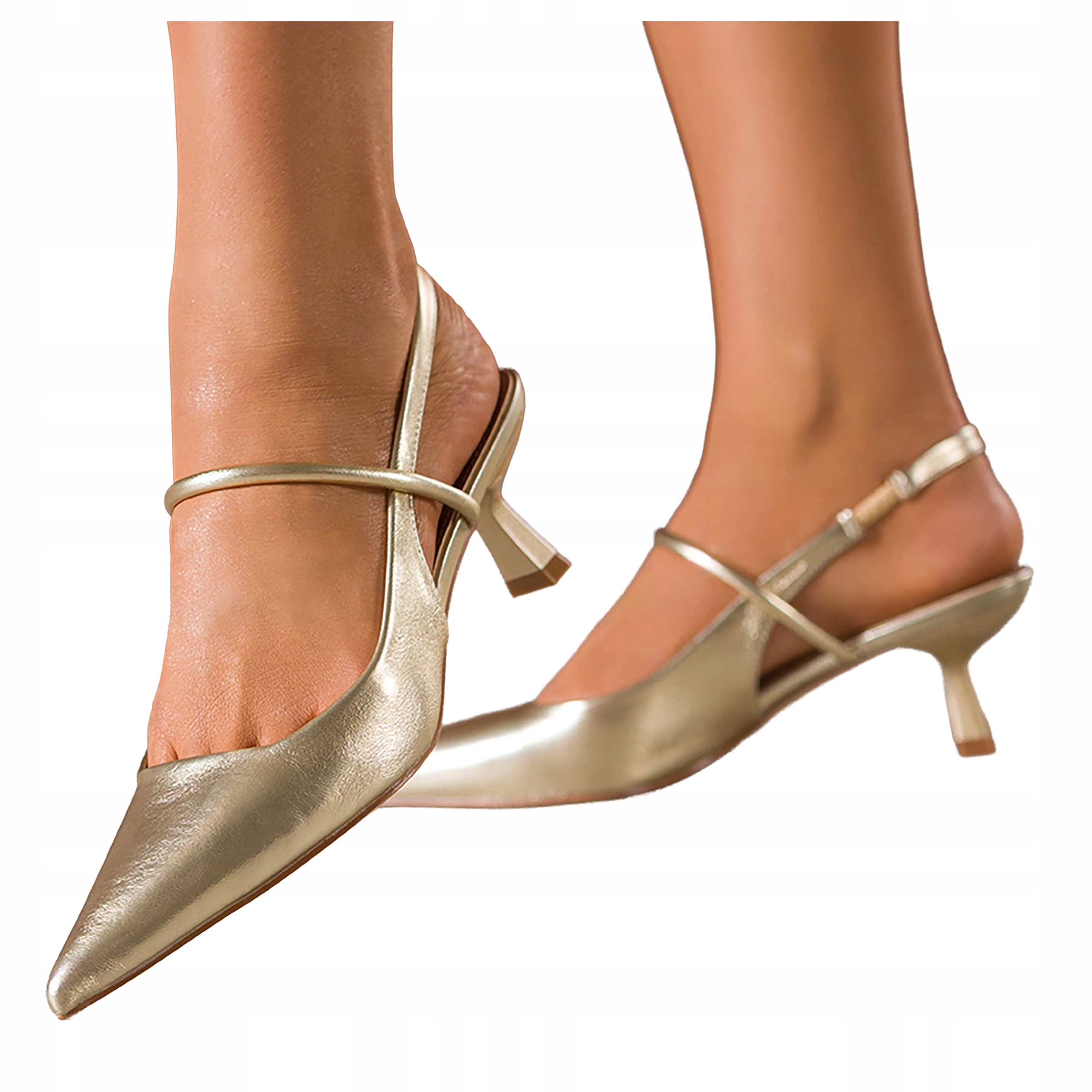 Złote Czółenka Damskie Obcas Kieliszek Guma W Pasku Odkryta Pięta r 39