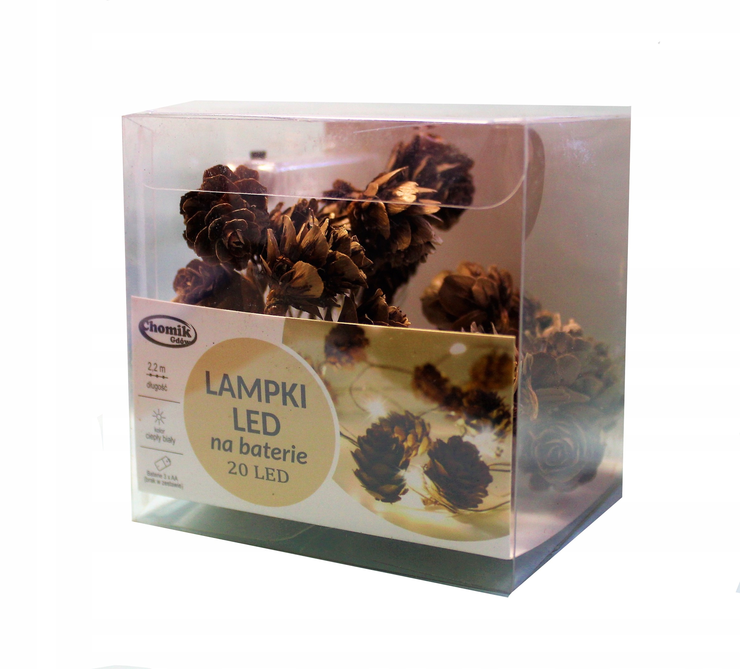 

Lampki na baterie 20 Led drut szyszki biały ciepły