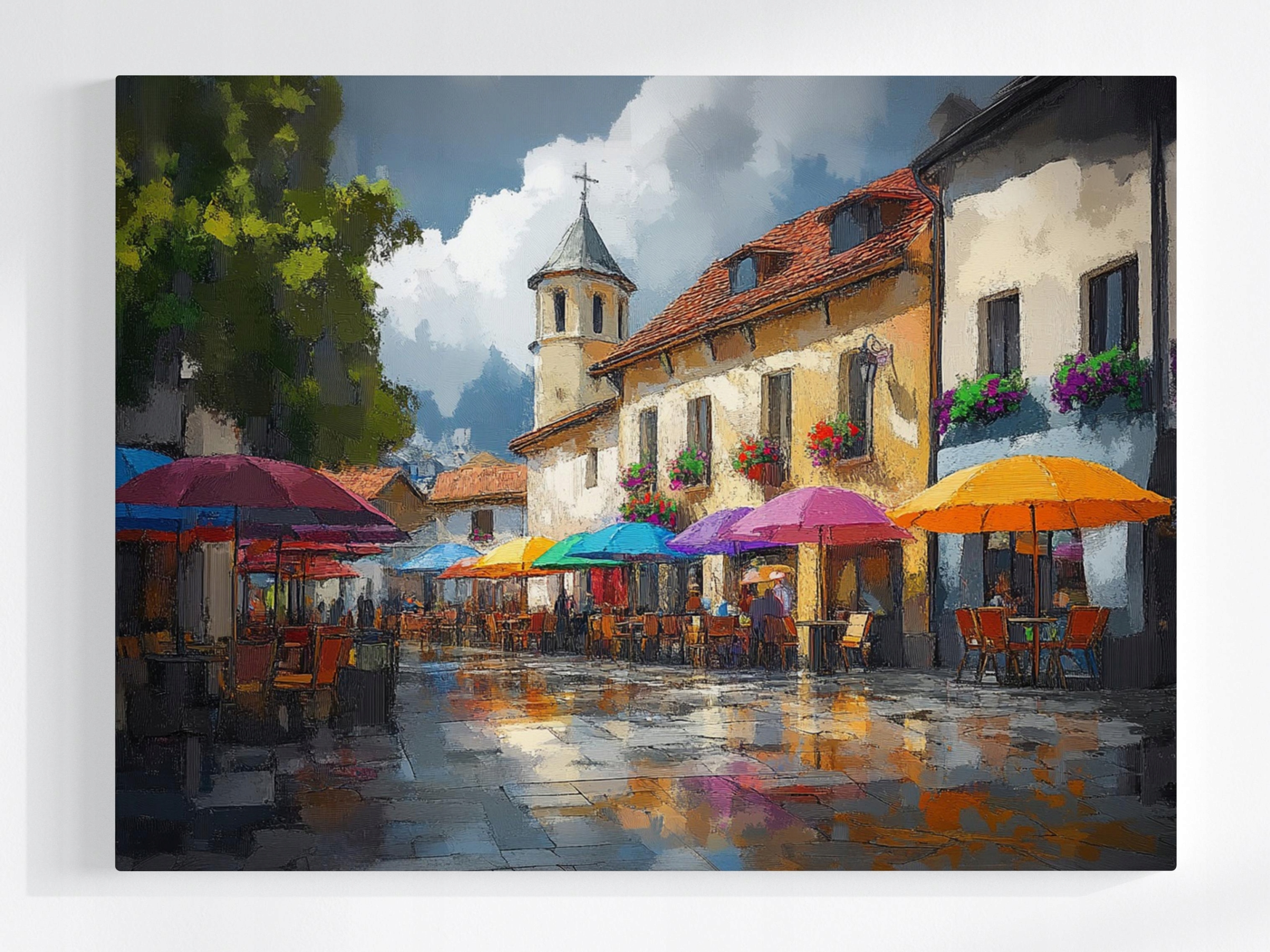 Obraz Na Plátně Canvas Město Náměstí Ulice Kavárny Deštníky Kostel 80x60