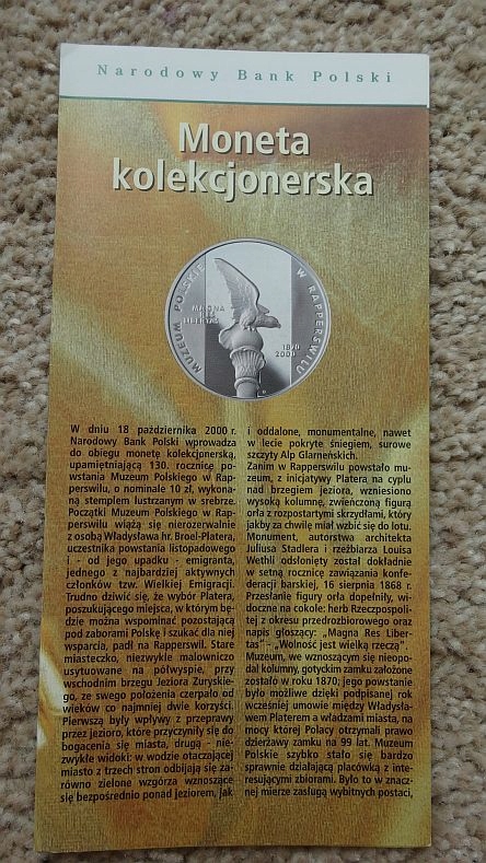 Folder 10 zł 2000 MUZEUM W RAPERSWILU,stan I