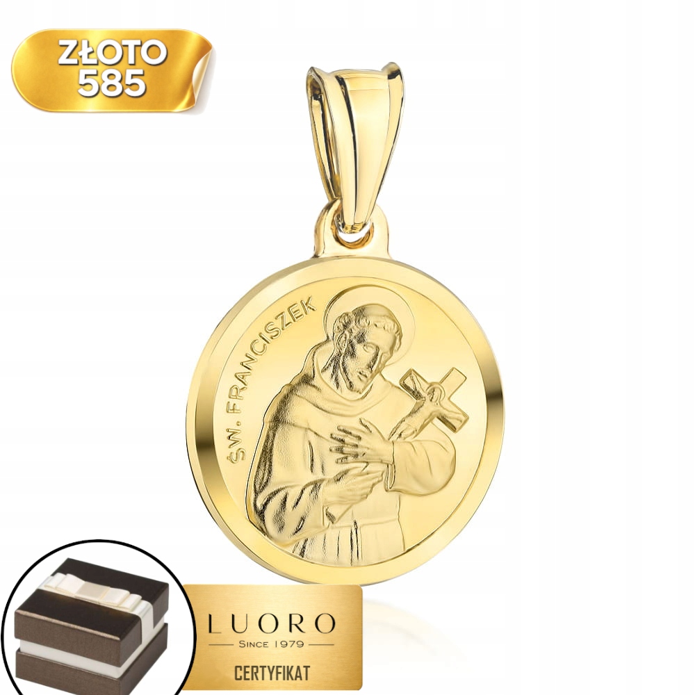 Zlatý Medailon 585 14K Svatý František 27 MM Elegantní Dárek