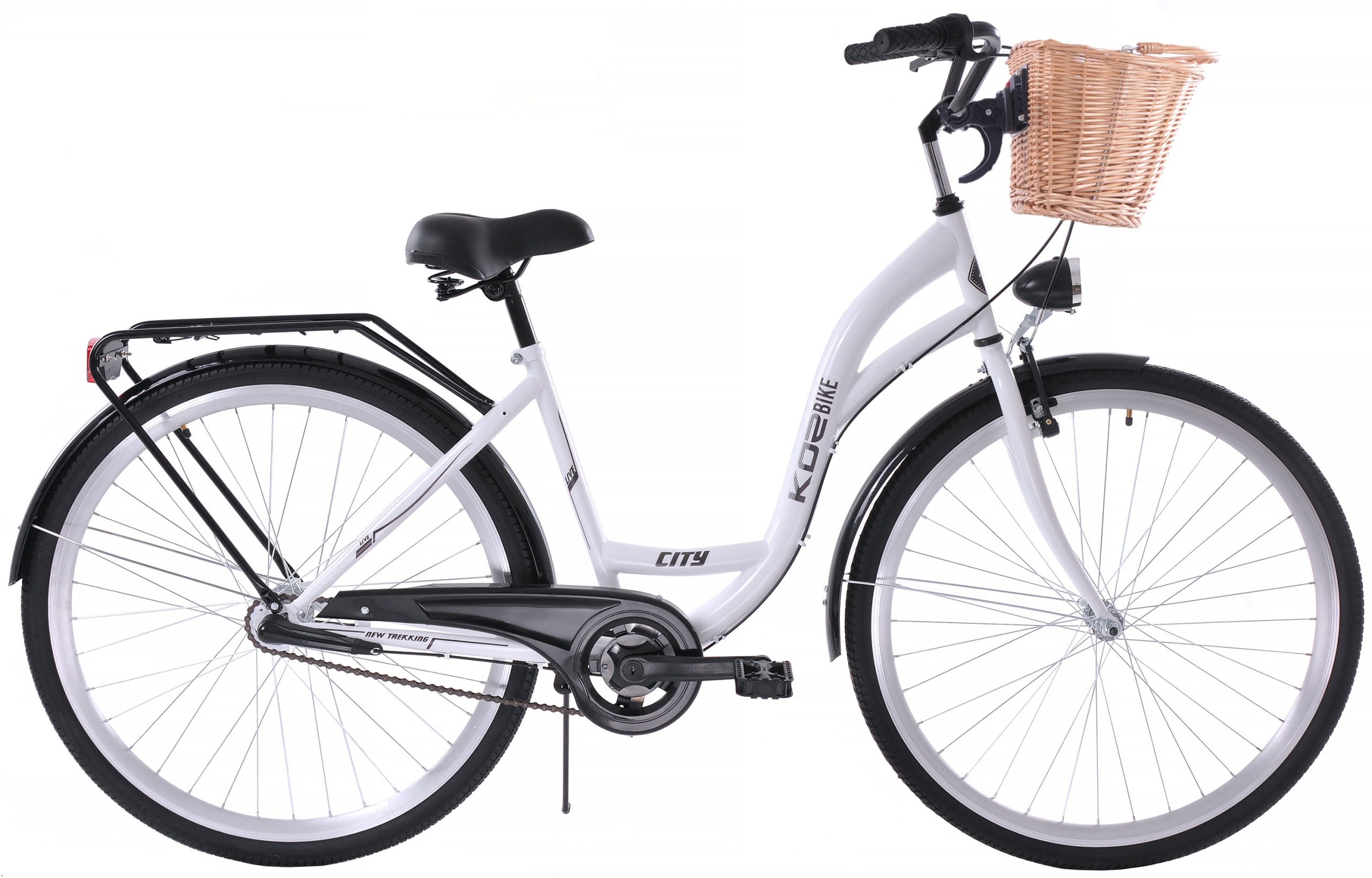 Stylowy rower miejski 28 Kozbike 3 biegi biały kosz wyposażenie