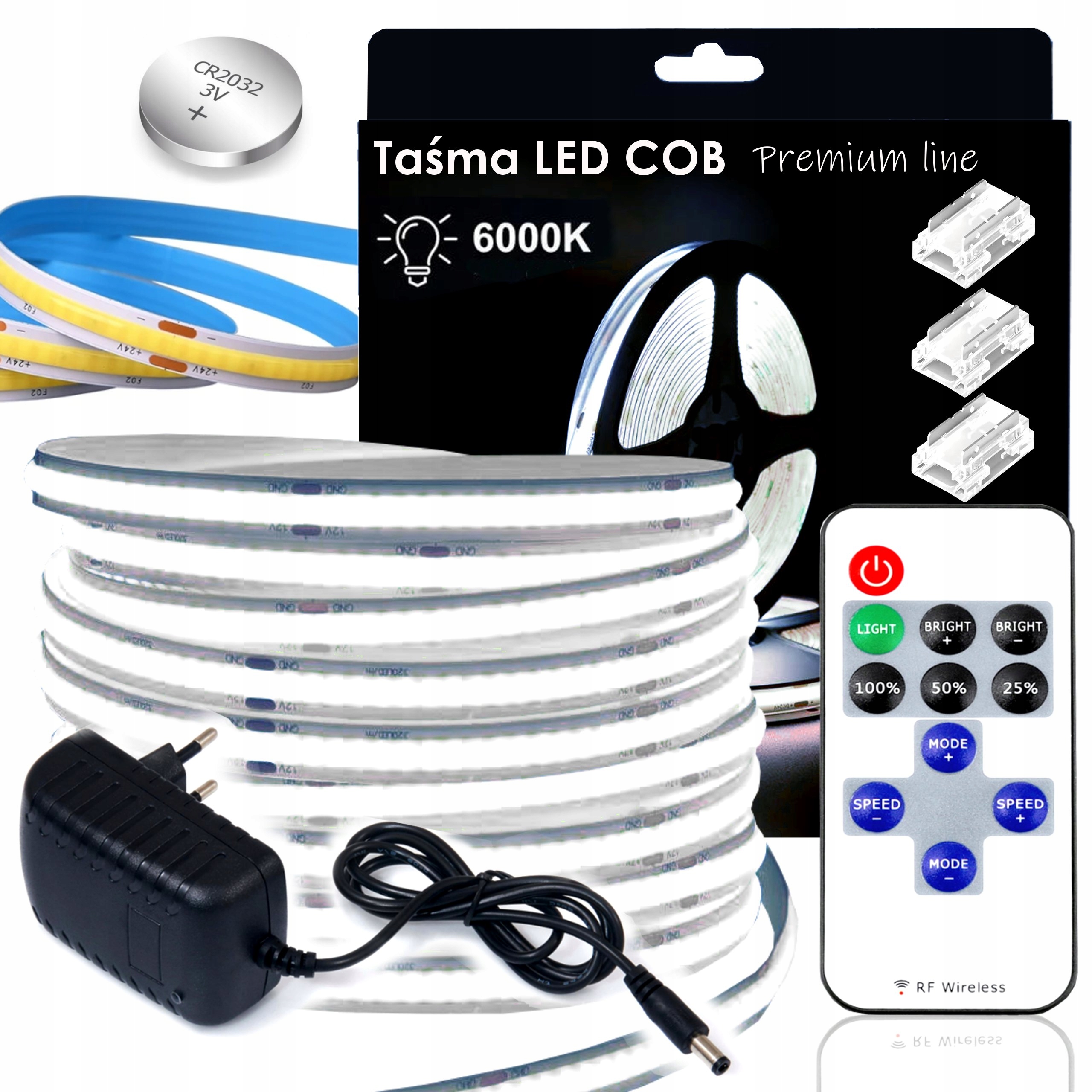 Set Led pásek Cob Neon 5m 6000K Bílý Studený Kompletní sada Bonus