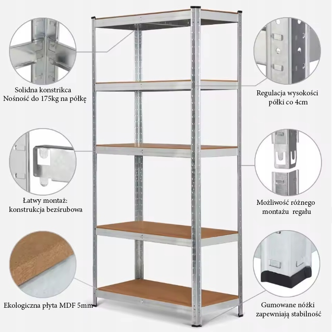 Skladový regál 90 x 40 x 180 cm kovový, silný, odolný, nosnost až 875 kg