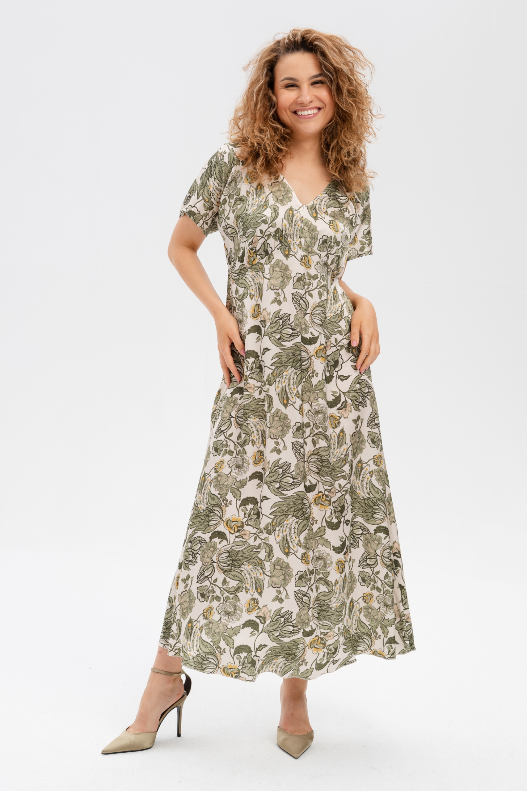 Wiskozowa maxi sukienka Kati w kwiaty, zielona, blue shadow r. 46