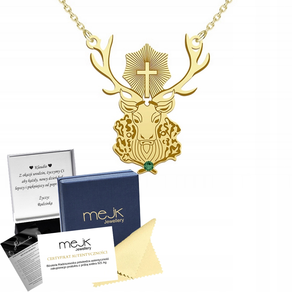 Náhrdelník Zlatý jelen sv. Huberta 925 Řetízek Žena Dárek Gravírování