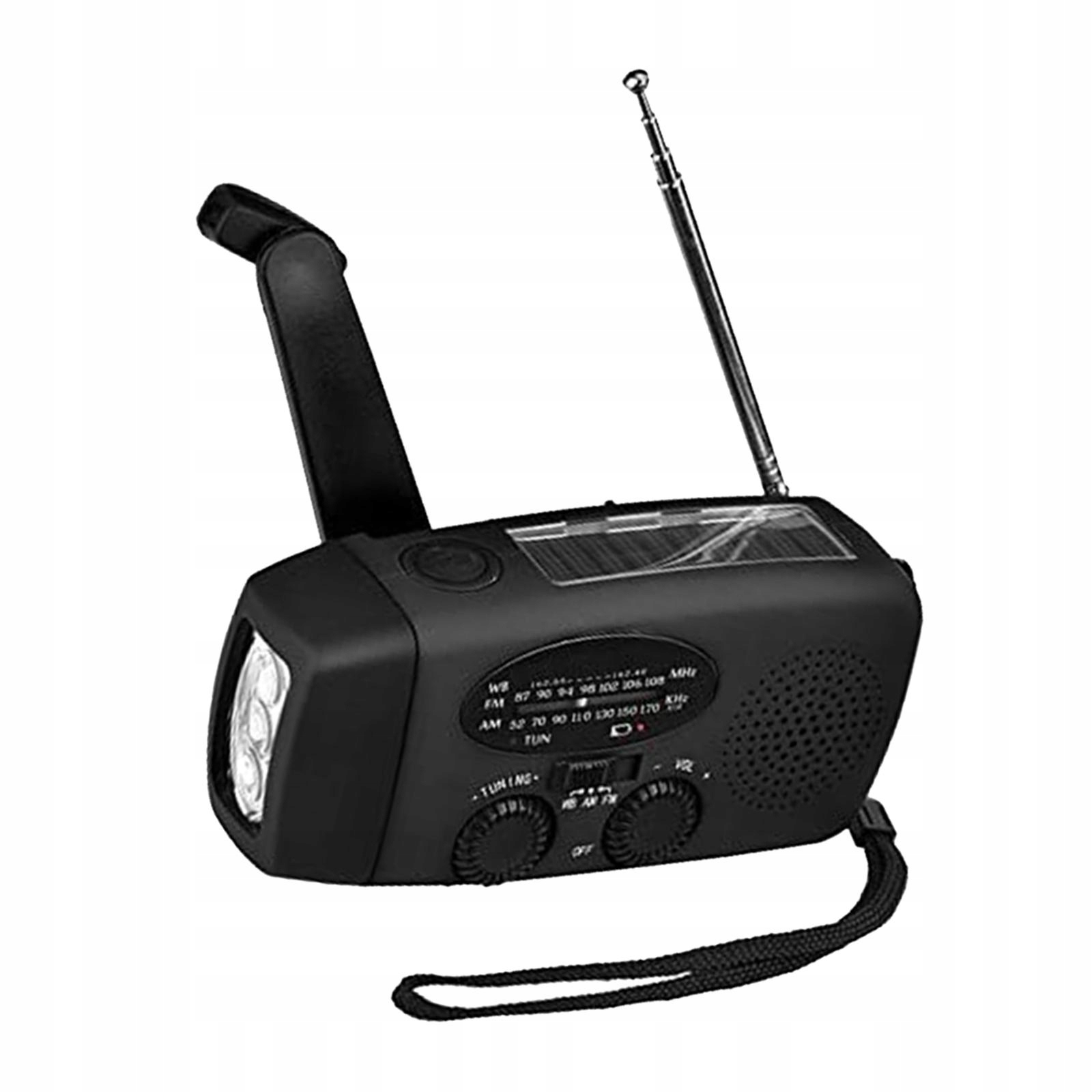 Radio Awaryjne Z Korbką Czarne Usb Solarne Alarm Sos Turystyczne Z Latarka