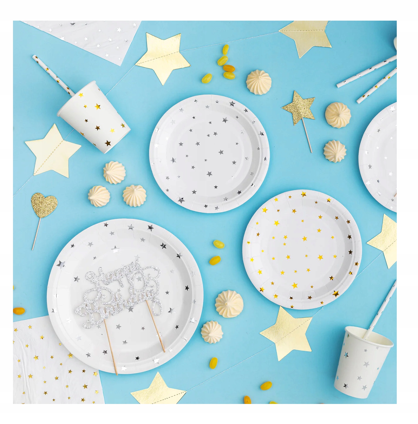 Słomki do picia papierowe jednorazowe rurki BIAŁE w SREBRNE GWIAZDKI 10 szt Materiał papier