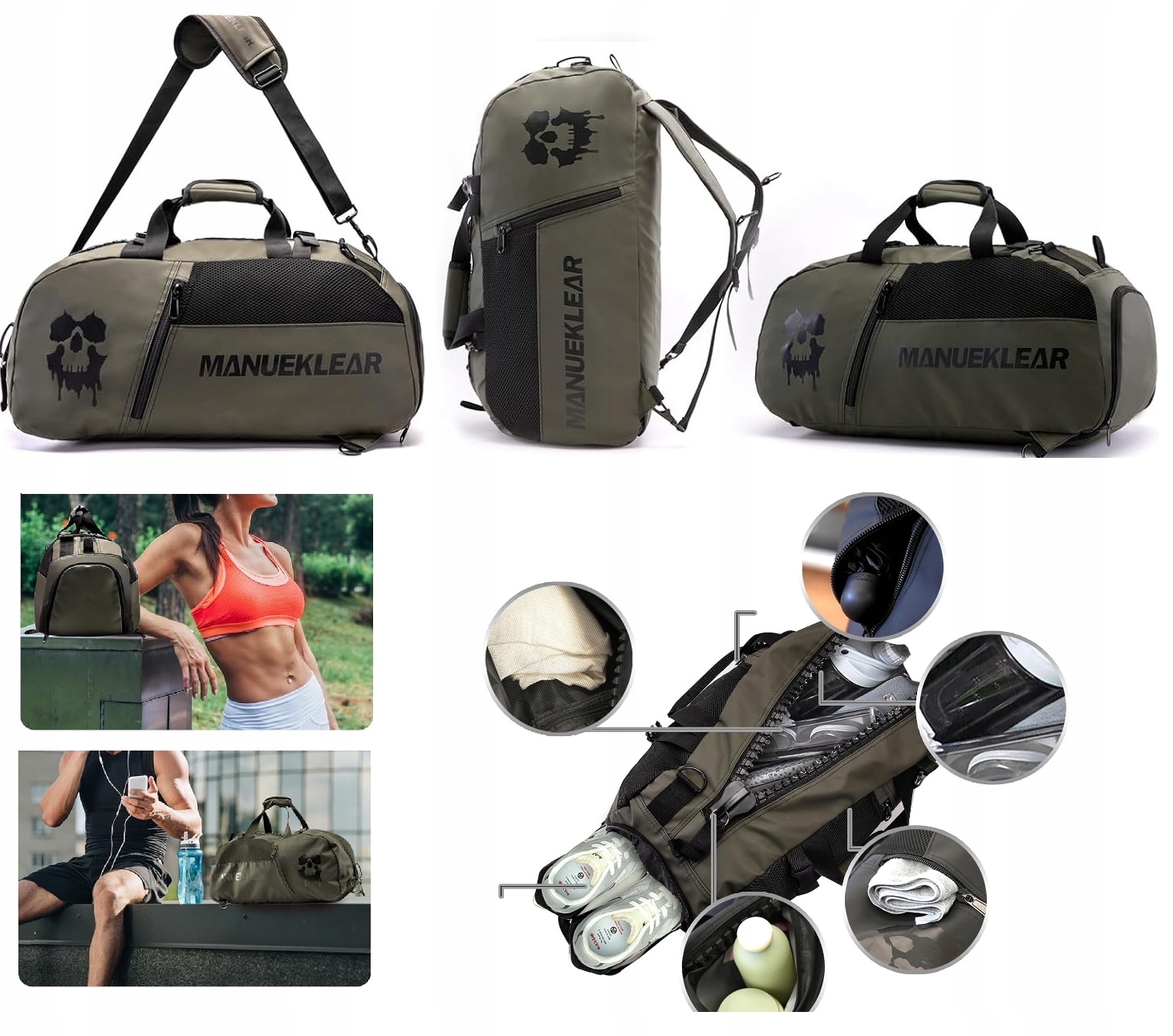 Manueklear 3 w 1 torba sportowa podróżna fitness na siłownię weekend khaki