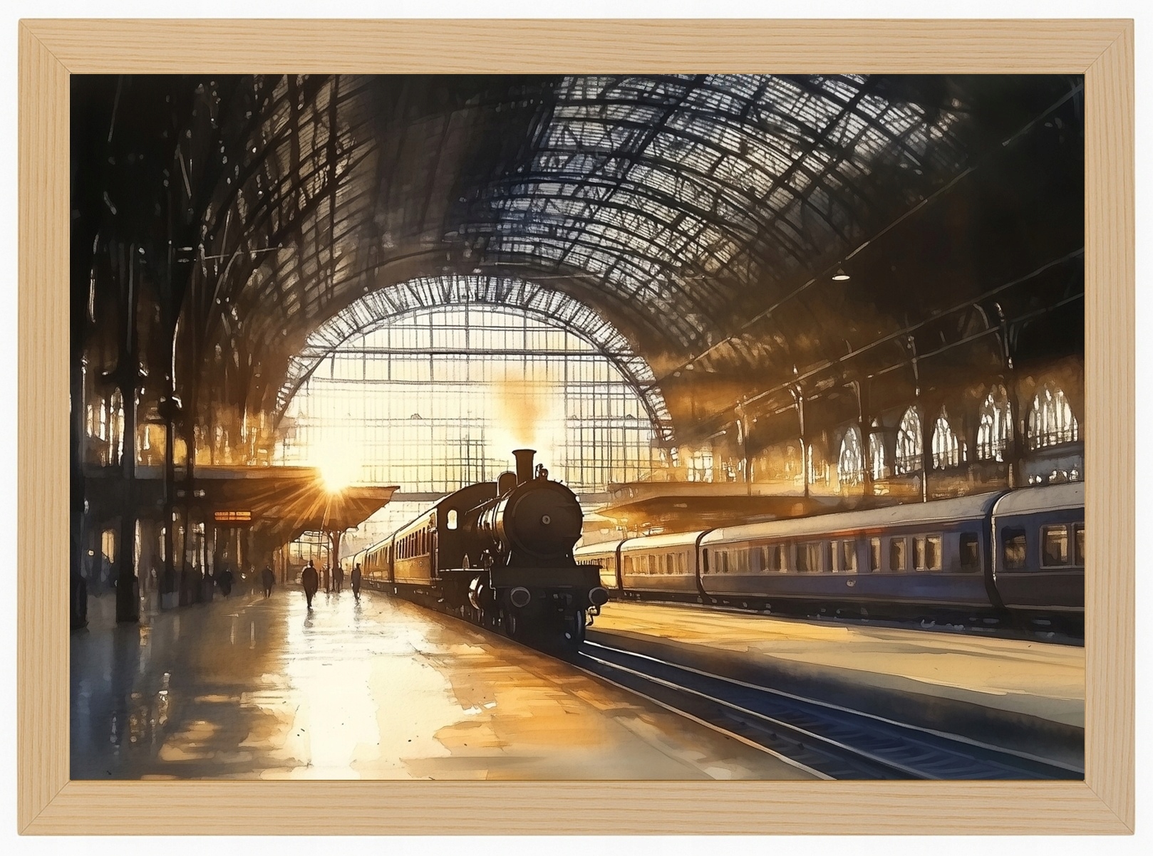 Plakát Rámeček Dřevo Železniční Nádraží Parní Vlak Lokomotiva 80x60