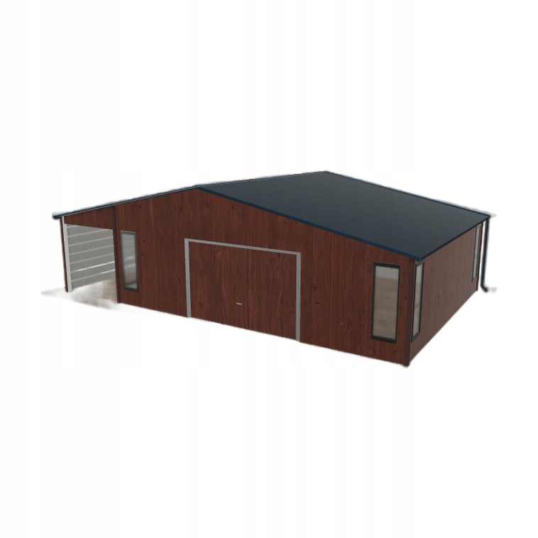 Plechová garáž 7.5 x 6 m s přístřeškem Tmavý ořech