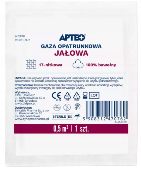 

Gaza opatrunkowa jałowa 0,5m2 Apteo 1 szt.