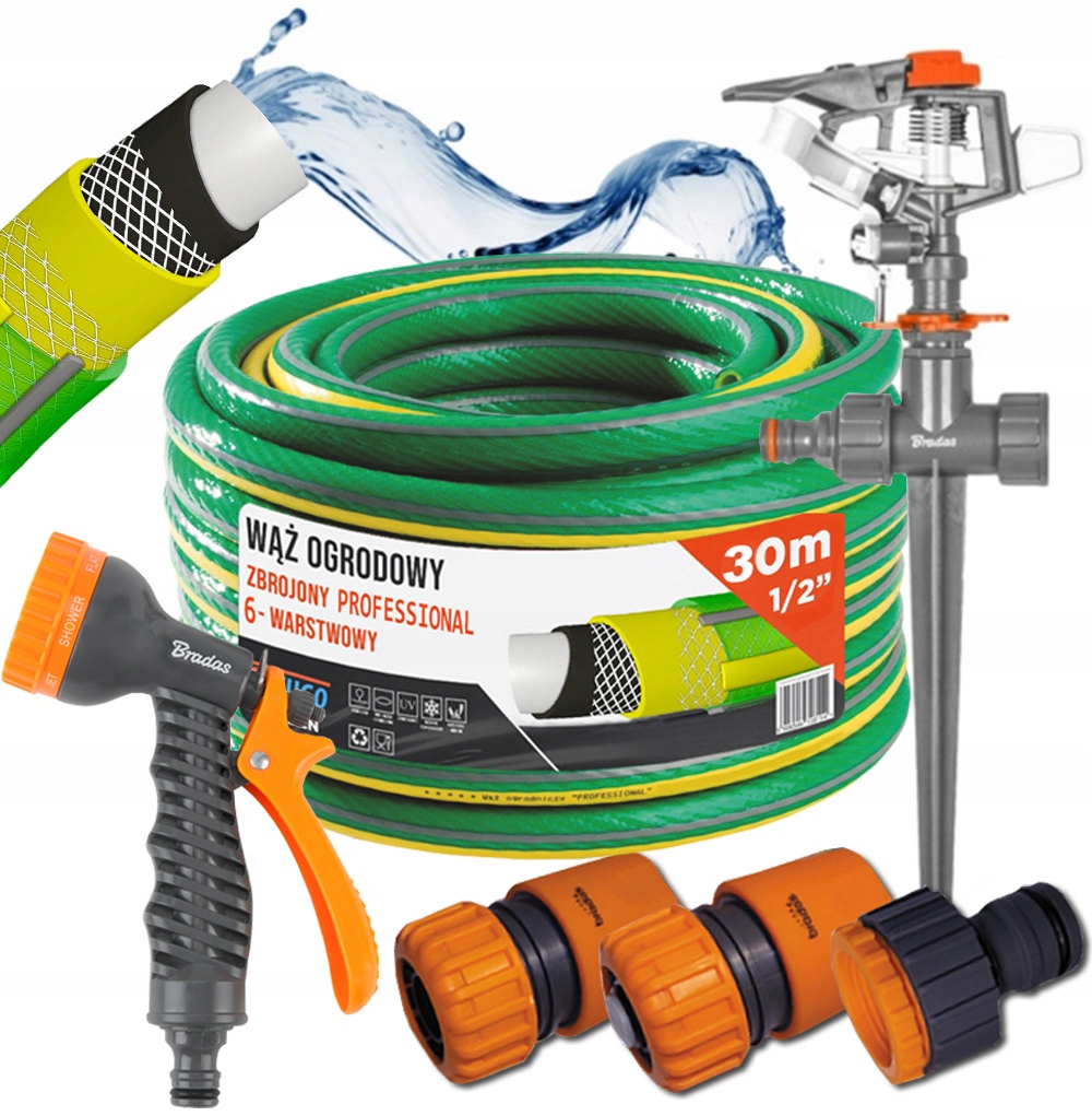 Hadice 1/2" 30 m 6 Vrstev Pistole Zavlažovač Set Bradas 36 bar