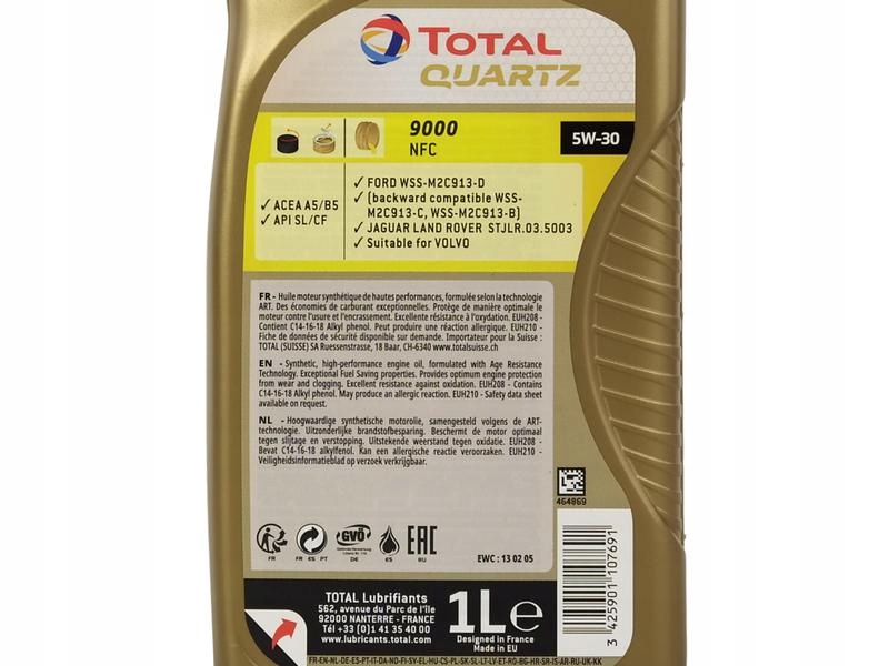 TOTAL QUARTZ 9000 NFC 5W30 A5/B5 API SL/CF 1L Przeznaczenie Samochody osobowe