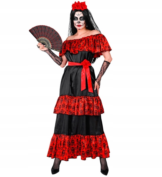 Kostým Los Muertos Černo-červené S Převlekem Pro Ženy Karneval Xs